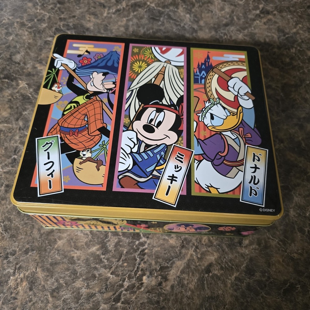 Disney Tokyo Resort Tin Mickey Goofy Donald Japanese Writing 9"×8"×3" EUC